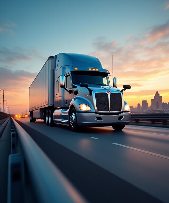 High-speed logistics truck moving through Houston skyline at dusk